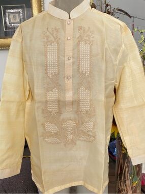 Men's Cream Embroidered Dress Shirt